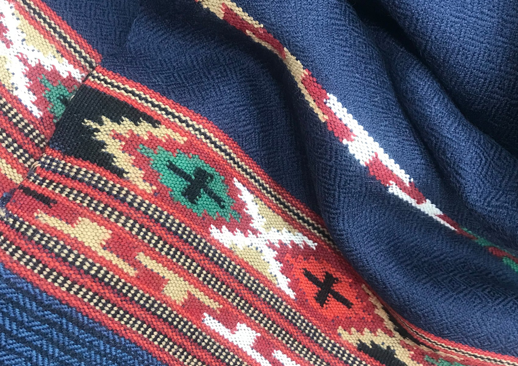 Close-up of the blue Kullu shawl with ethnic patterns showcasing intricate and colorful woven designs.