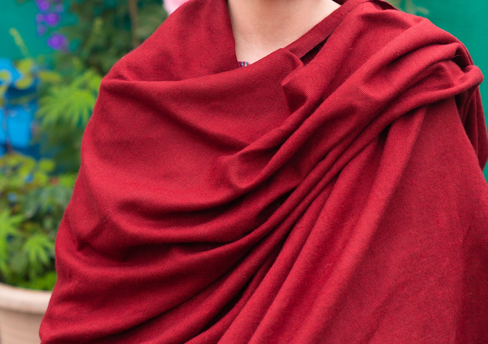 Large yoga meditation shawl in use, wrapped around the shoulders for warmth.