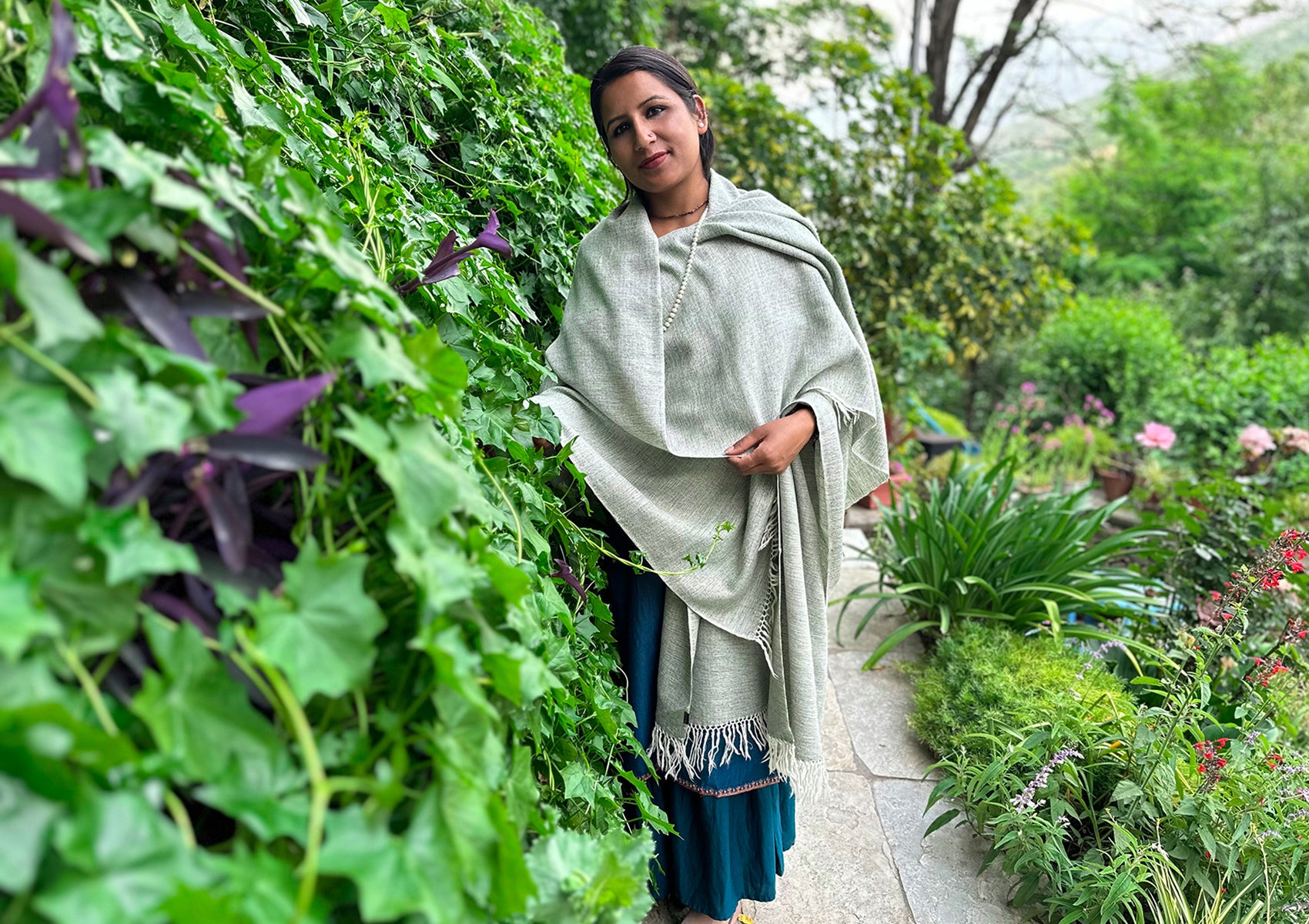 Grey wool meditation shawl, highlighting its soft texture.