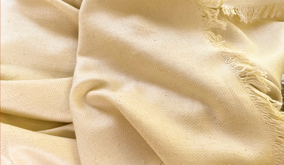 This image showcases a close-up view of a cream silk shawl, emphasizing its delicate texture and subtle herringbone pattern, complemented by soft fringed edges.