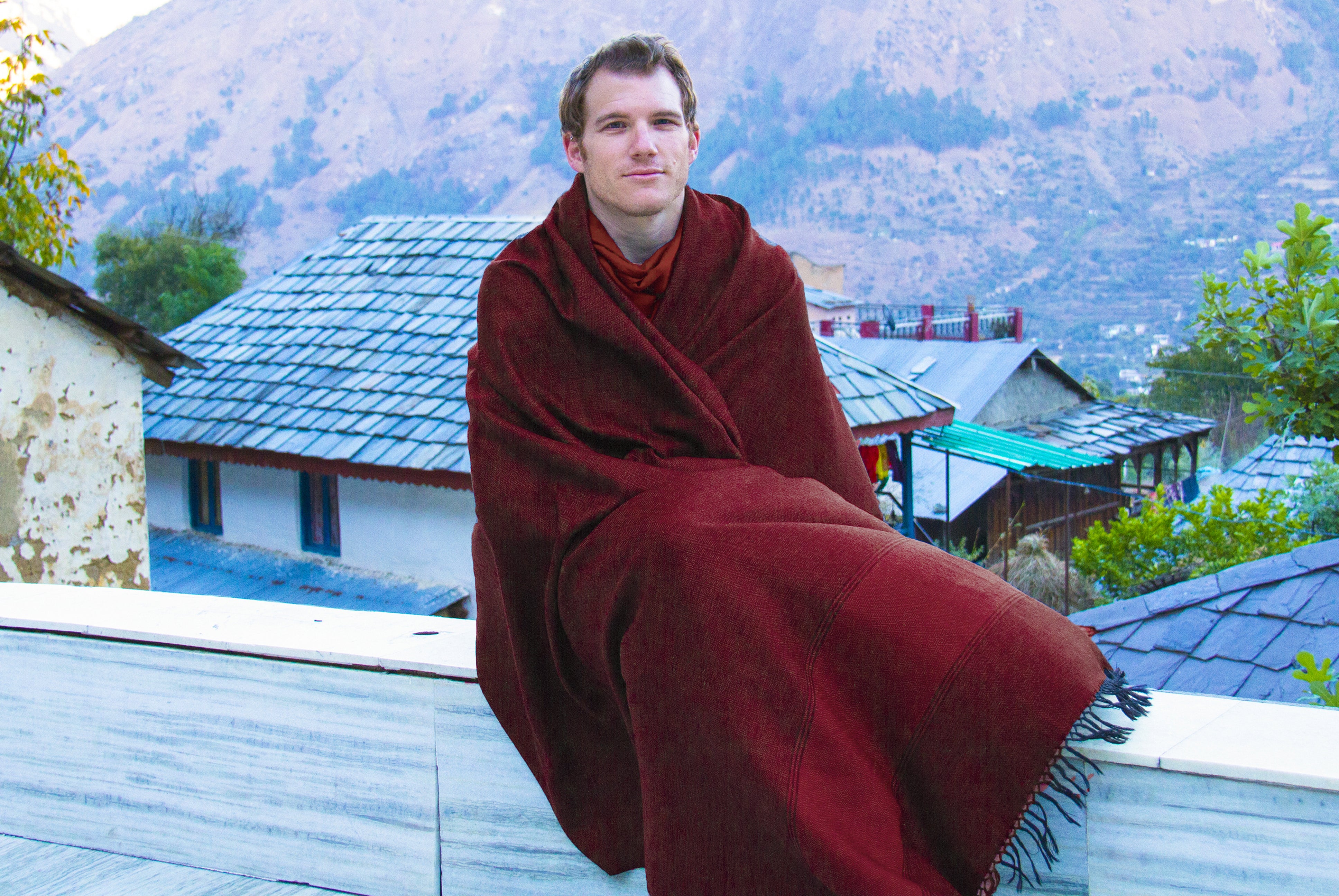 Burgundy Milarepa shawl, ideal for meditation and spiritual practices, offers warmth and serenity.